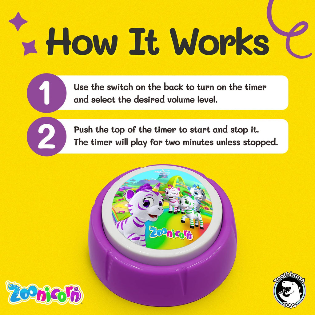 Purple toothbrush timer centered on “How it works” instruction panel