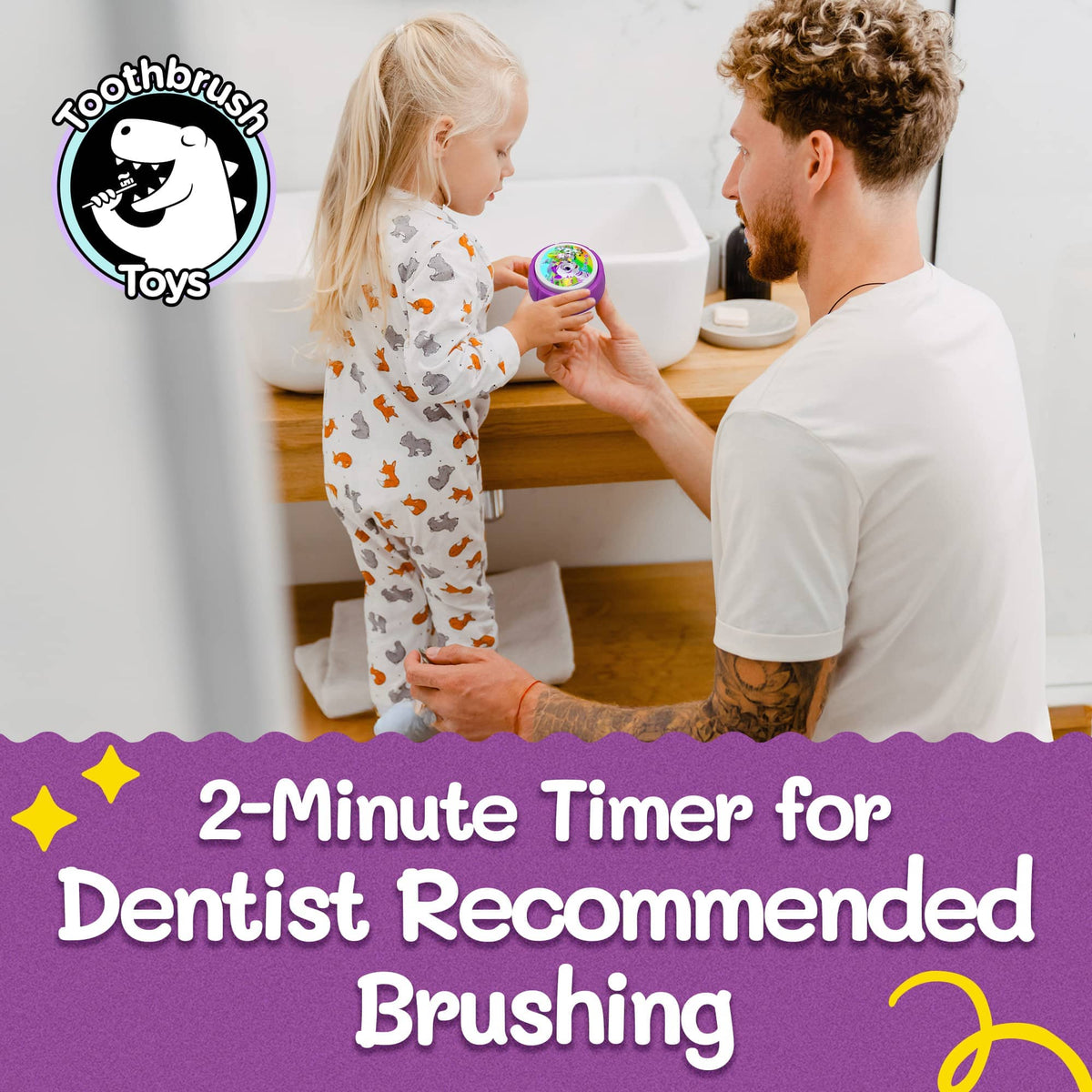 Purple toothbrush timer with “2-minute” text during dentist-recommended brushing