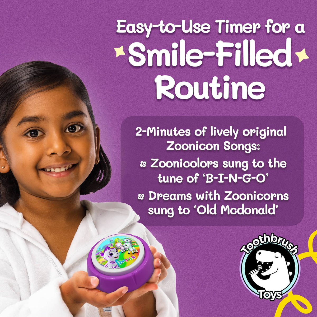 Child holding a purple toothbrush timer with Zoonicorn artwork on top