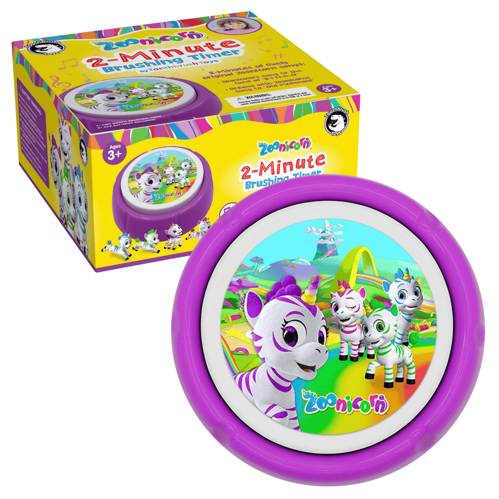 Purple circular toothbrush timer with Zoonicorn character graphic on white ring