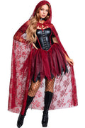 Red hooded riding-hood costume with black corset, red tulle skirt, fishnet tights, boots