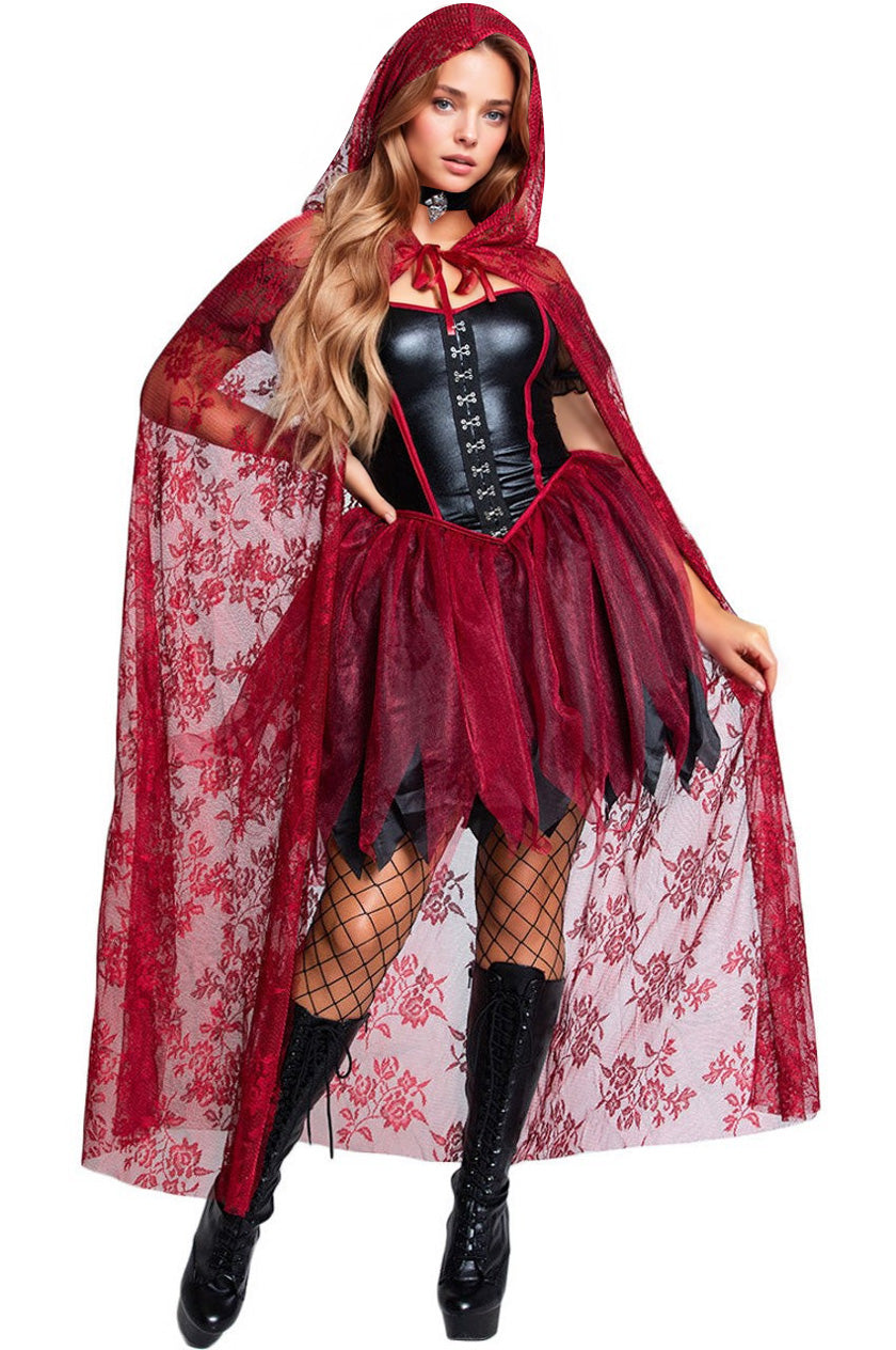 Red hooded riding-hood costume with black corset, red tulle skirt, fishnet tights, boots