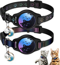 Two black cat collars with paw prints, cat-print AirTag holders, and bell-and-moon charms