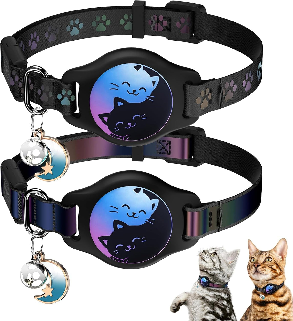 Two black cat collars with paw prints, cat-print AirTag holders, and bell-and-moon charms