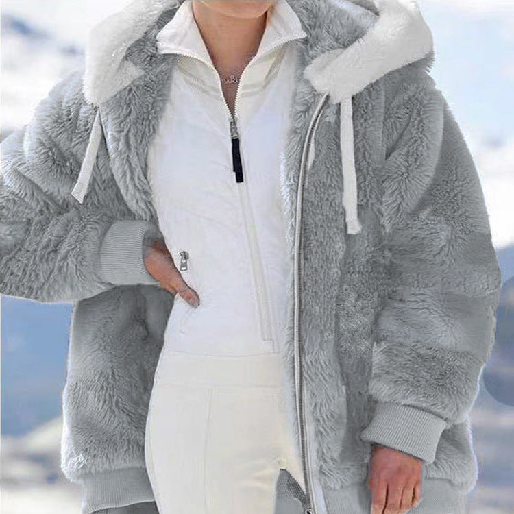 Light gray plush zip-up hooded jacket with white lining and ribbed cuffs