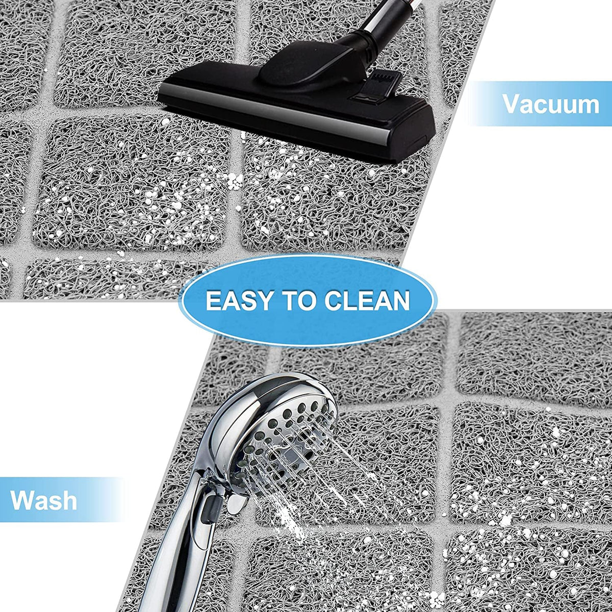 Textured gray cat litter mat shown being vacuumed and rinsed