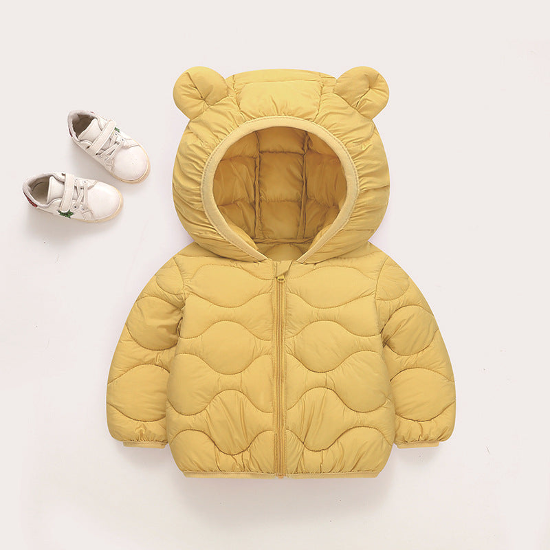 Yellow baby hooded padded jacket with bear-ear hood and visible inner lining