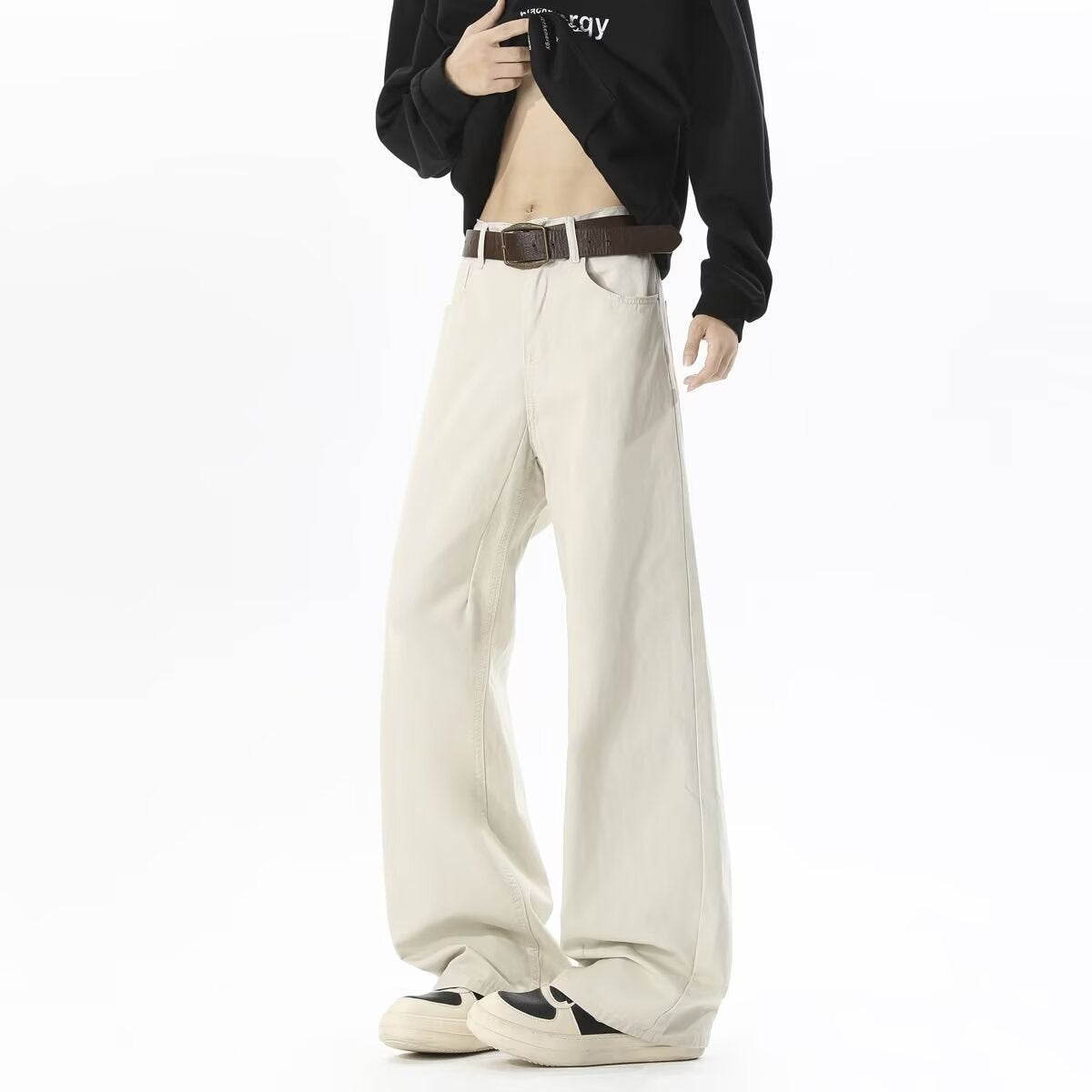 Beige straight-leg cargo pants with button fly and front slash pockets