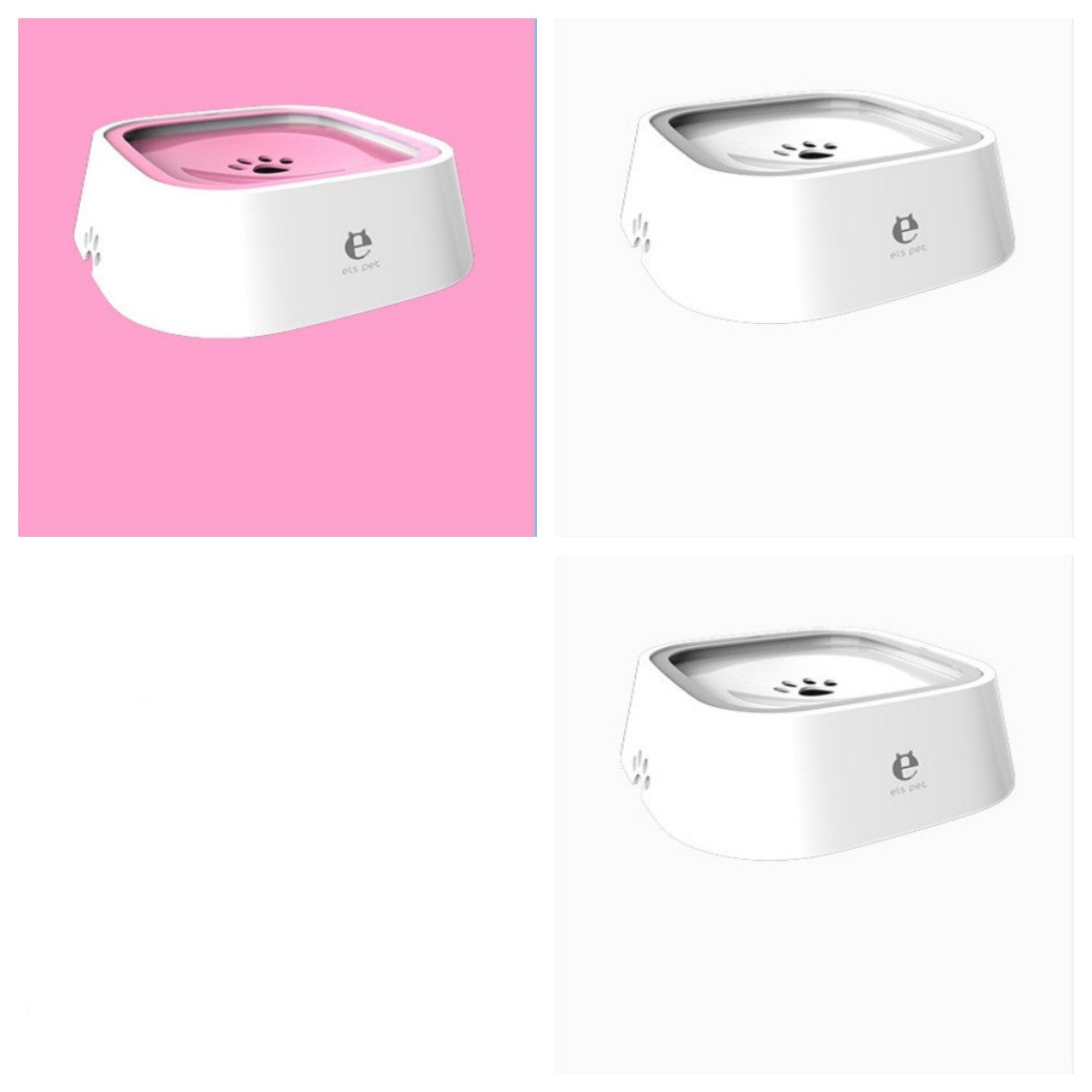 Pet water bowl with floating slow-feed tray, anti-overflow design, white with pink insert