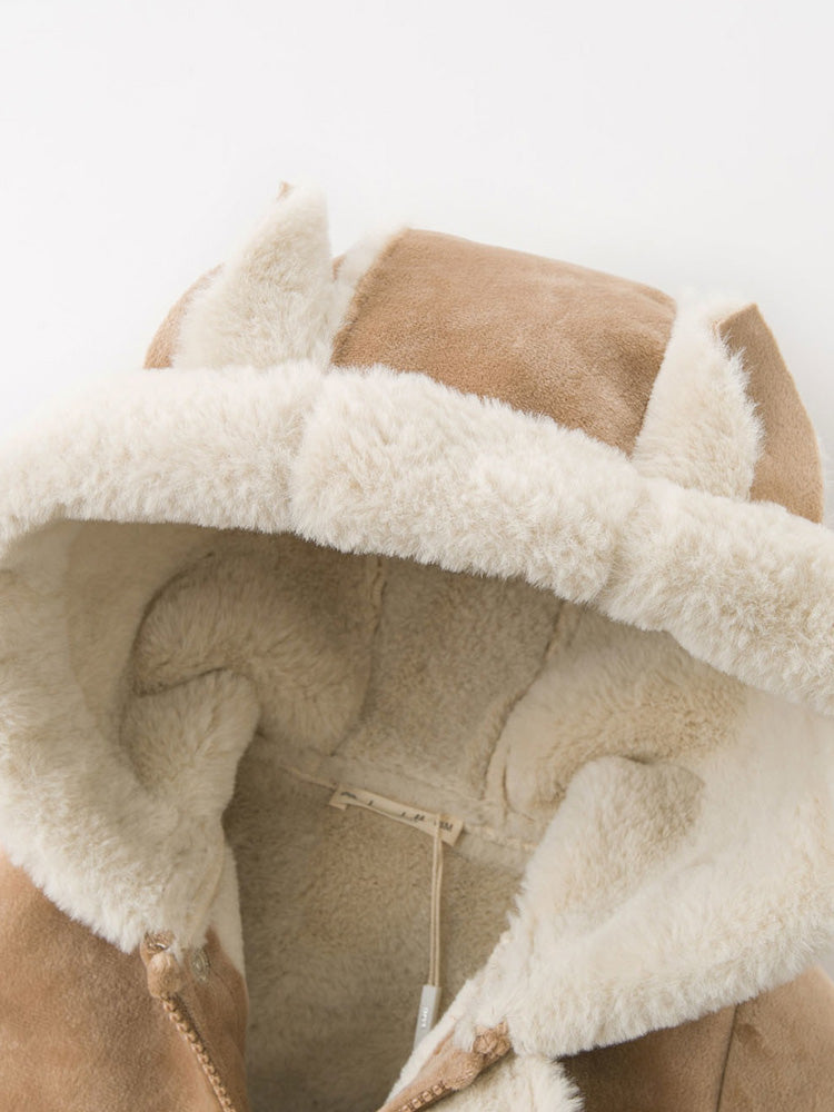 Camel baby jacket interior view with hood lining and zipper placket