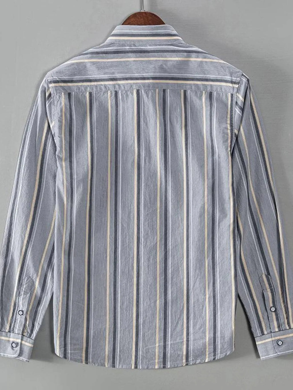 Back view of men's light gray striped button-up long-sleeve shirt with buttoned cuffs.