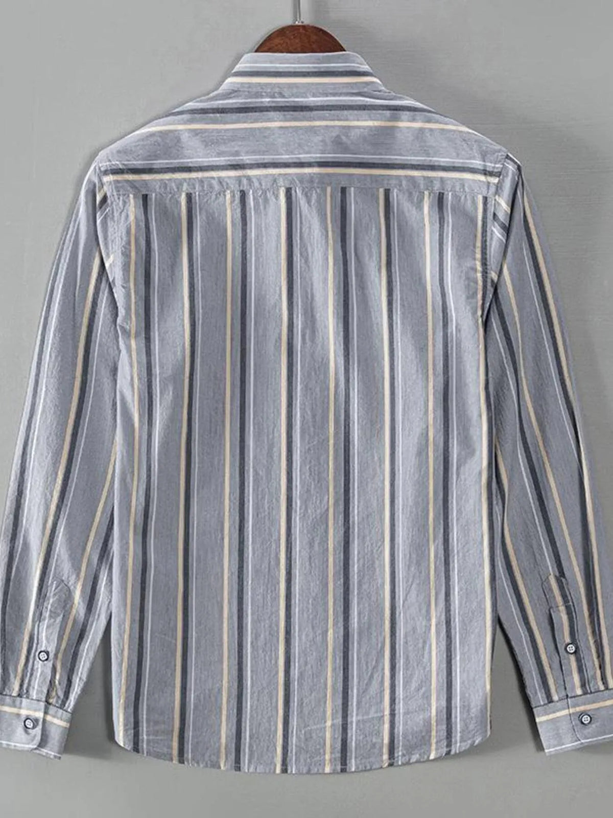 Back view of men's light gray striped button-up long-sleeve shirt with buttoned cuffs.