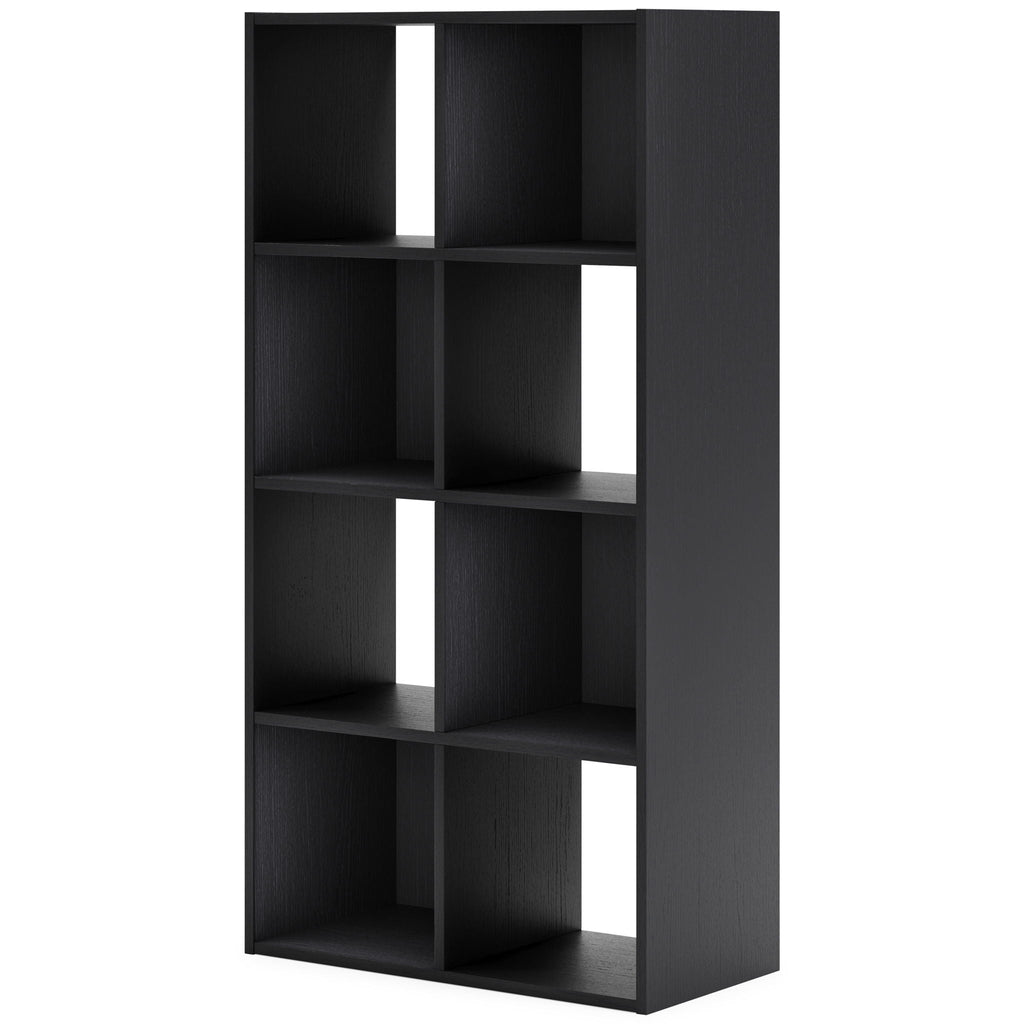Black 8-cube organizer with open square compartments, angled view