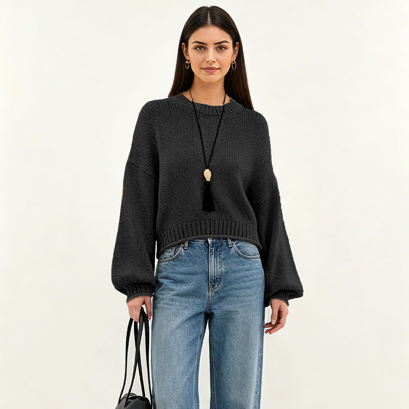 Women’s loose-fit knit sweater, black, round neck, long sleeves, ribbed hem and cuffs