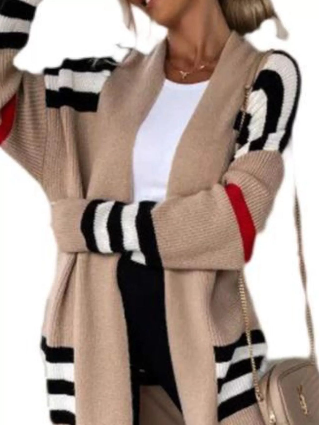 Tan longline open-front cardigan with black-and-white striped sleeves and cuffs