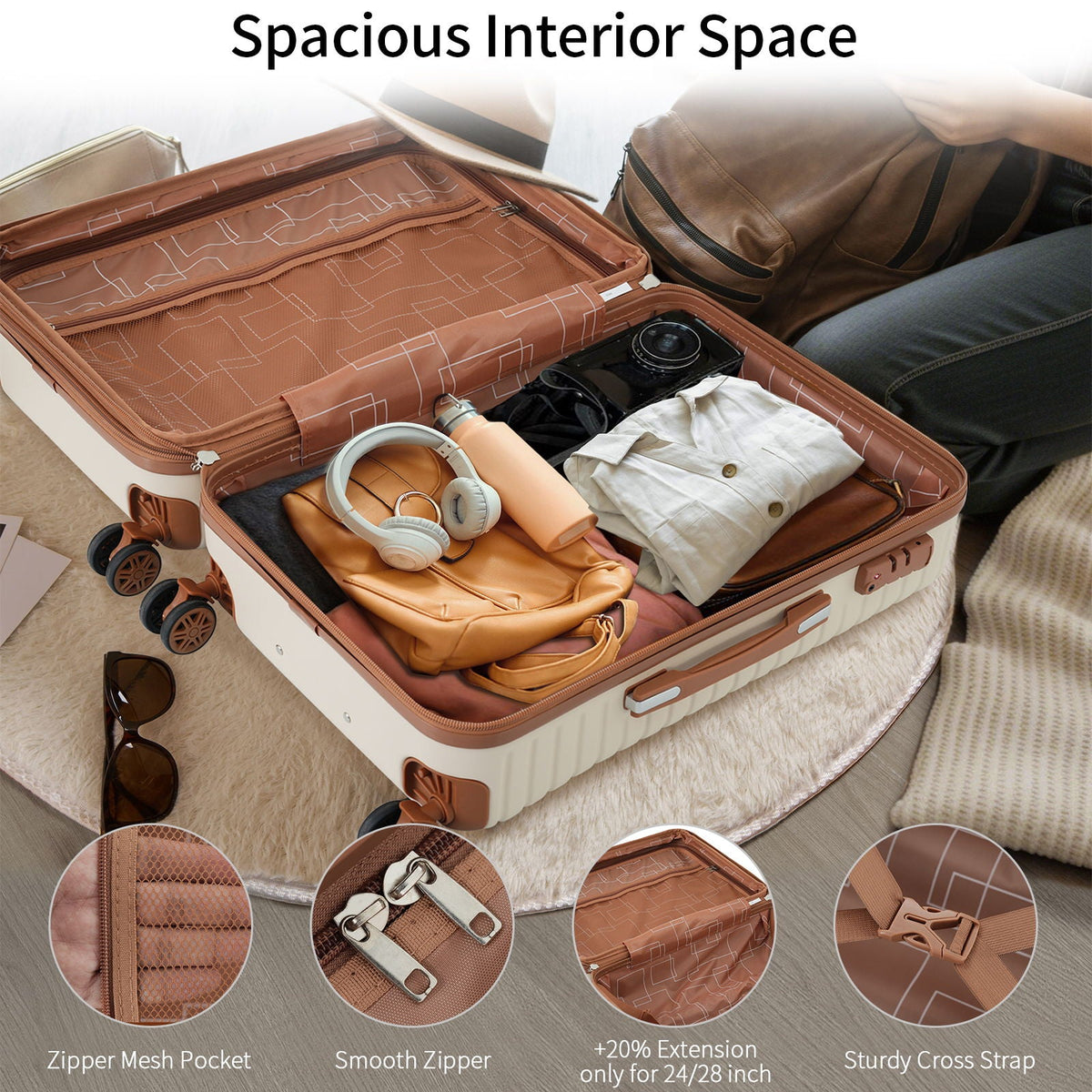 Open suitcase interior with brown lining, clothing items, and zippered compartments