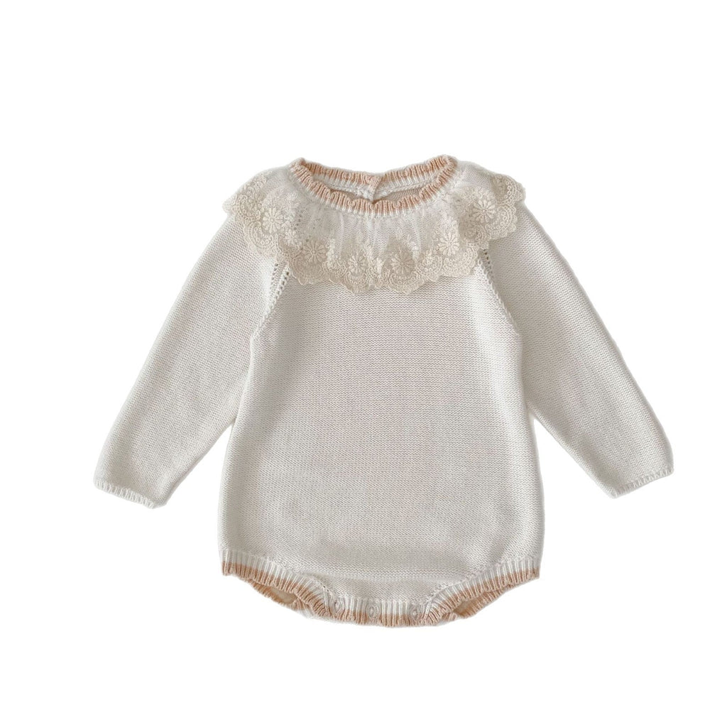 Off-white knitted baby long-sleeve romper with lace yoke collar detail