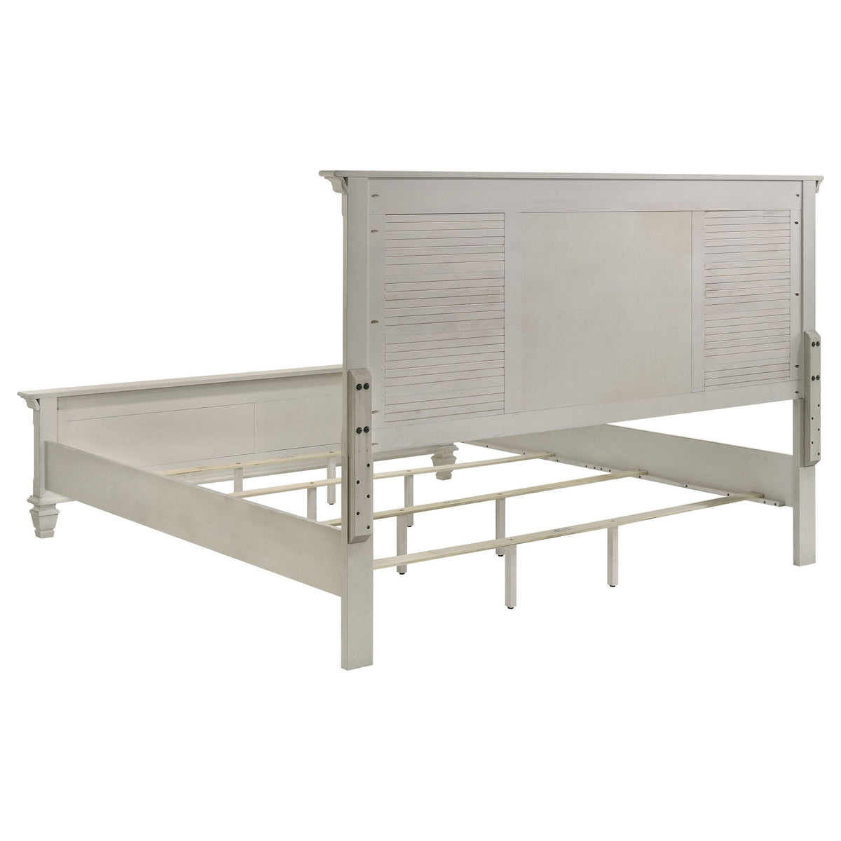 Distressed white king bed frame with panel headboard and slatted base
