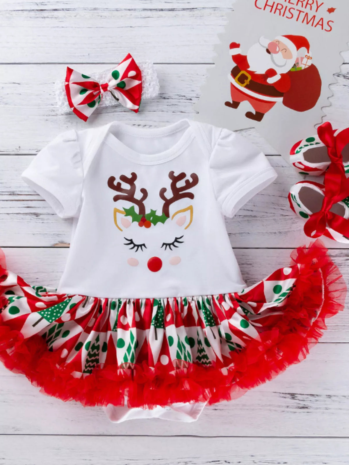 Children's Christmas reindeer one-piece dress with red bow and red tulle skirt