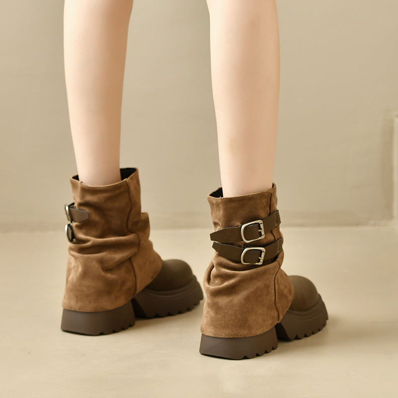 Khaki slouchy platform combat ankle boots with double buckle straps and thick sole.