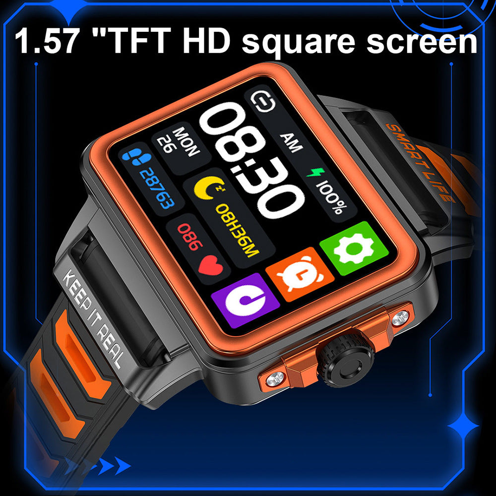 Square touchscreen smart watch with orange-trim black case and black-orange strap