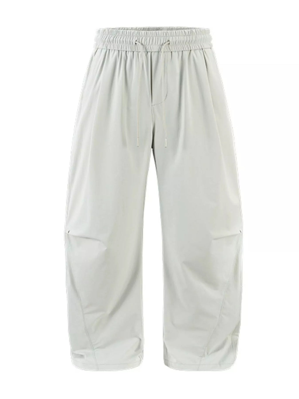 Light gray loose-fit casual pants, elastic waistband with drawstring and relaxed wide legs.