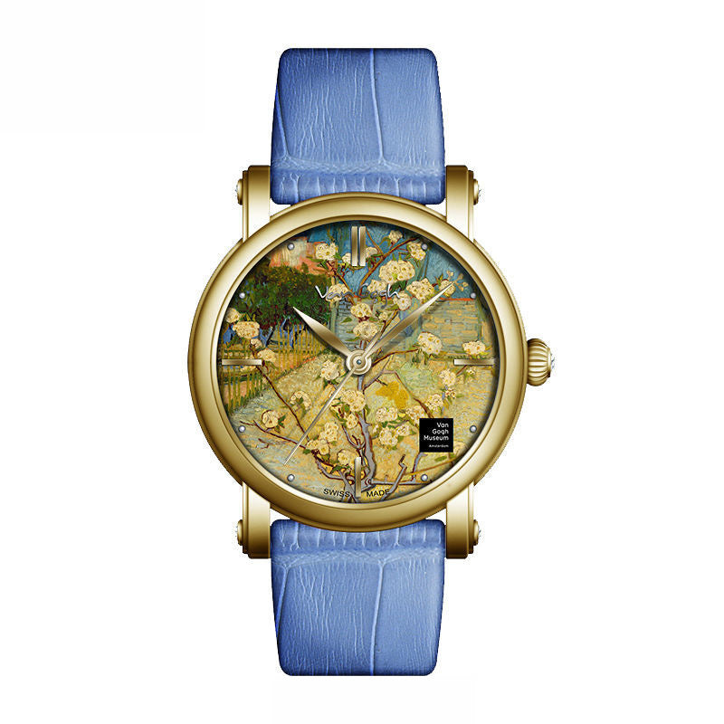 Women’s quartz wristwatch with Van Gogh-style landscape dial, gold case, blue leather strap