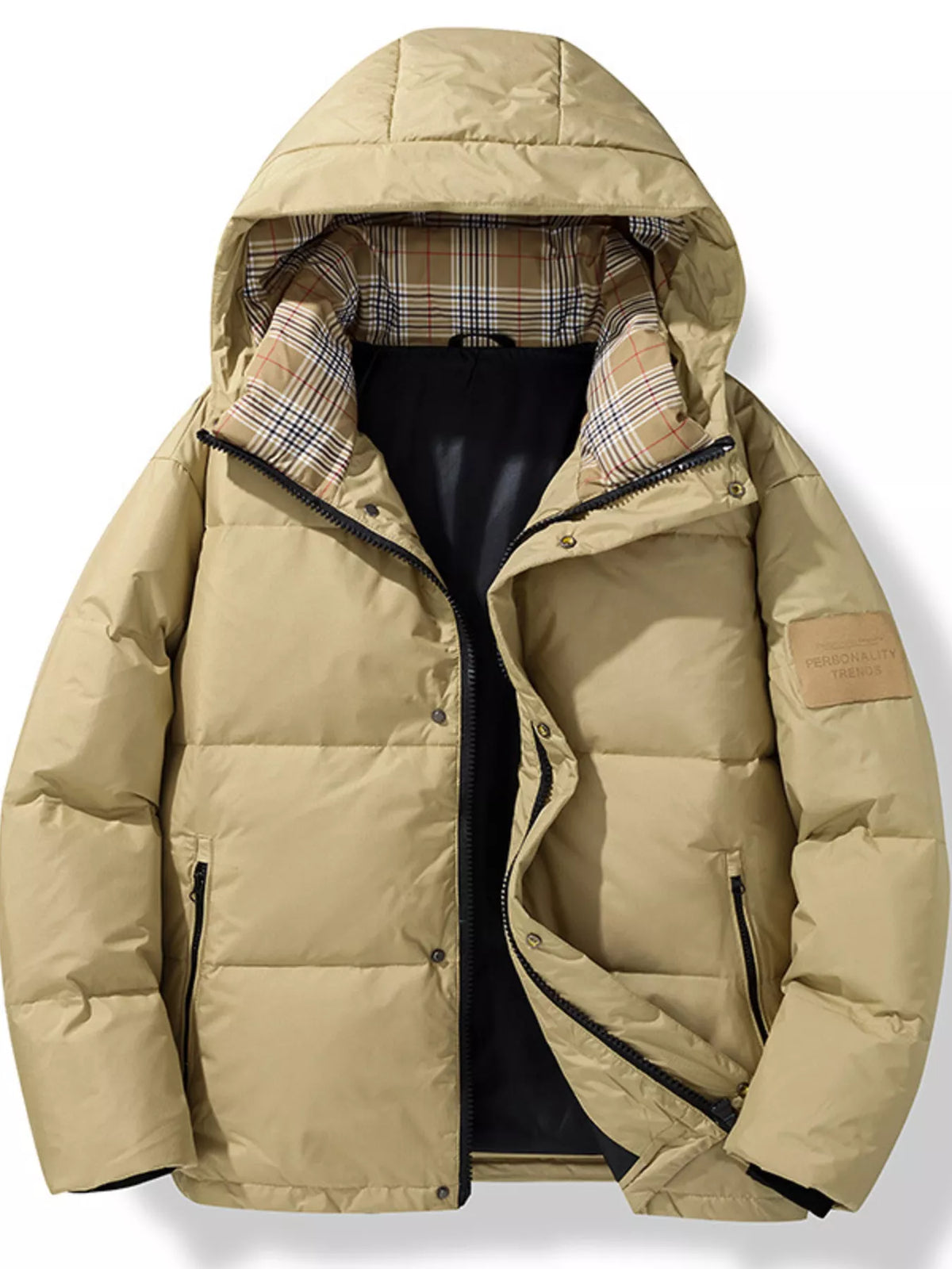 Men's plus-size khaki padded hooded puffer jacket with quilted front and zip closure