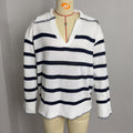 Women’s striped knit polo sweater on mannequin: cream with navy horizontal stripes