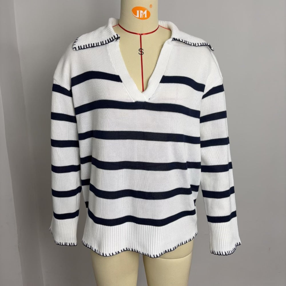 Women’s striped knit polo sweater on mannequin: cream with navy horizontal stripes