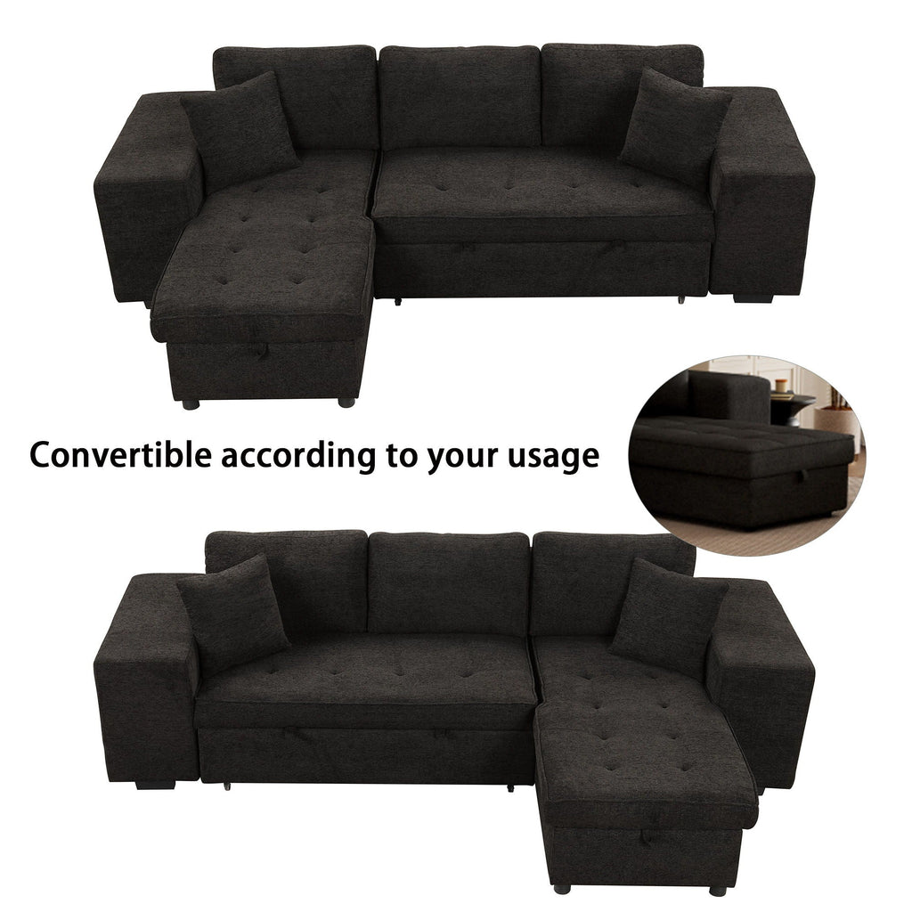 Convertible L-shape sectional sleeper sofa with storage chaise, dark gray upholstery, includes 2 stools