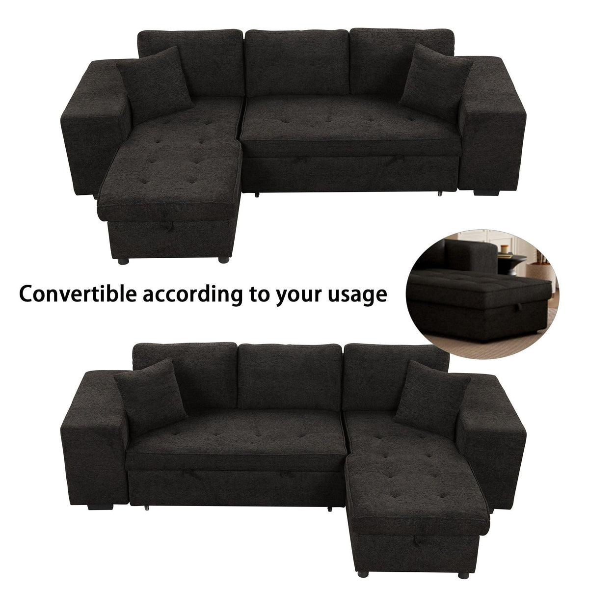Convertible L-shape sectional sleeper sofa with storage chaise, dark gray upholstery, includes 2 stools