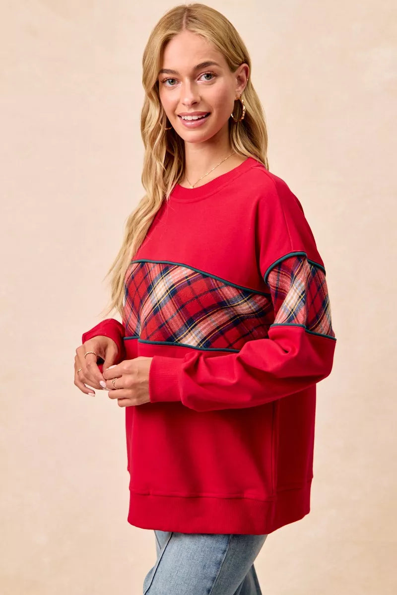 Red sweatshirt with plaid block front and teal trim, crew neck, relaxed long fit