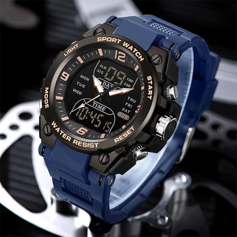 Waterproof dual-display sport watch, blue silicone strap with black dial and silver case