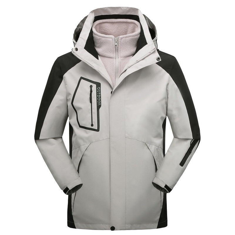 Ivory white three-in-one winter coat with hood, zip front, and padded interior