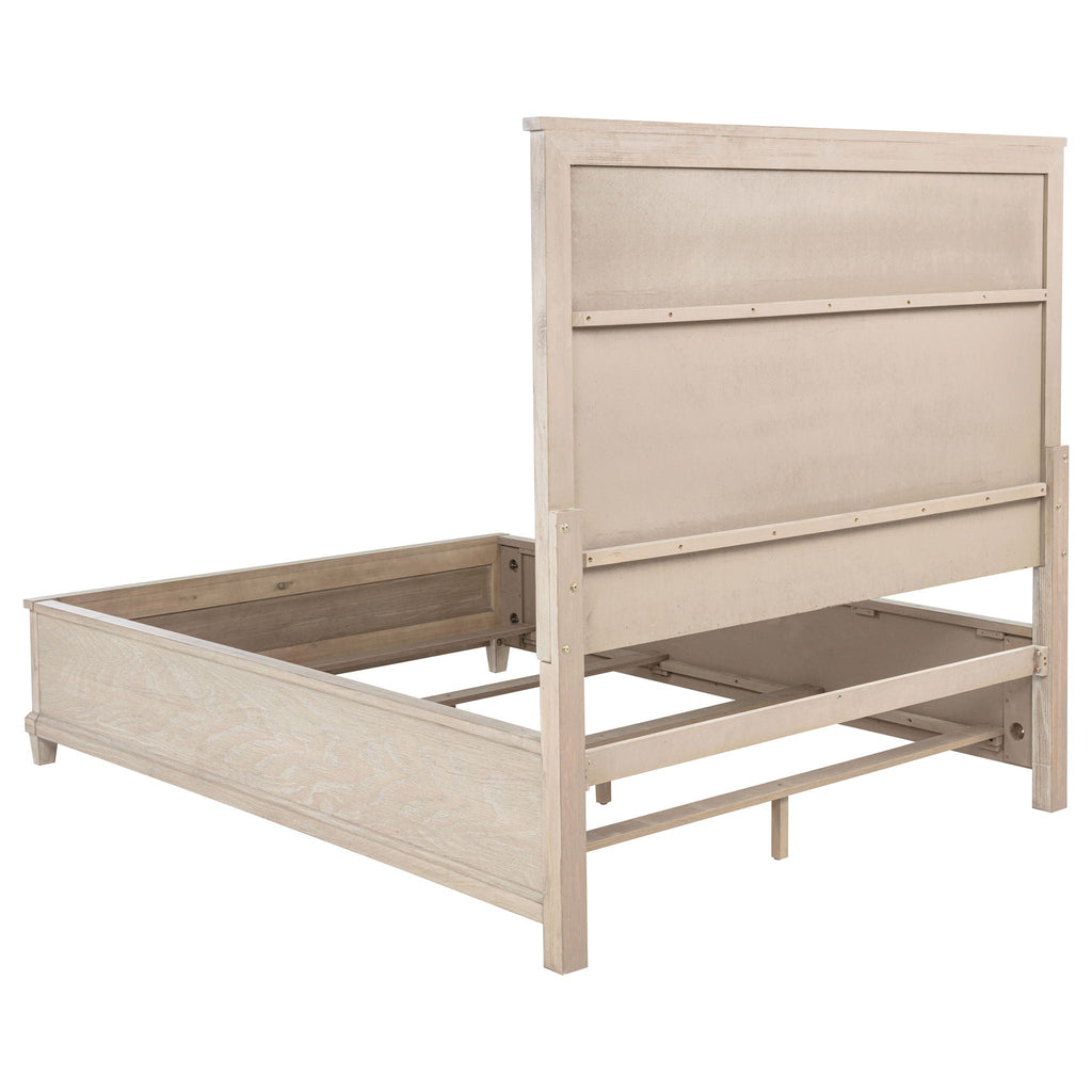 Queen bed base with lift-up storage platform in washed oak finish