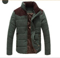 Dark green padded parka jacket with hood, front zipper, side pockets