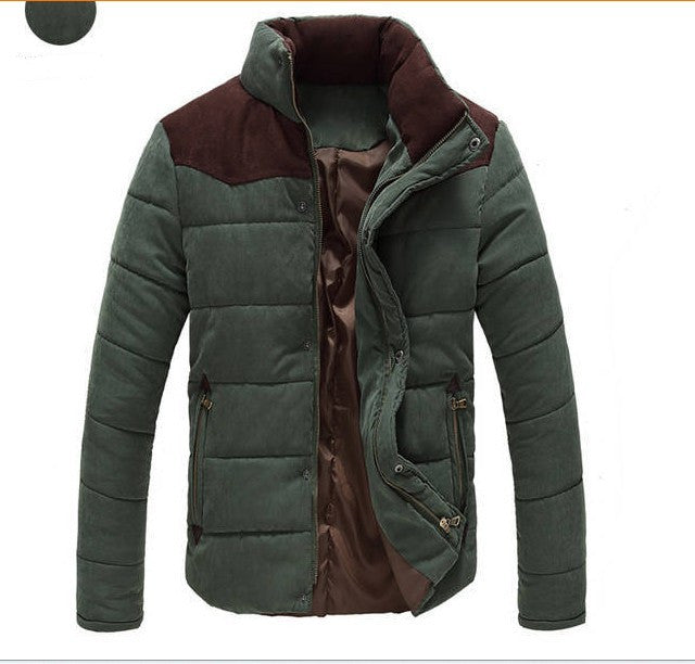 Dark green padded parka jacket with hood, front zipper, side pockets