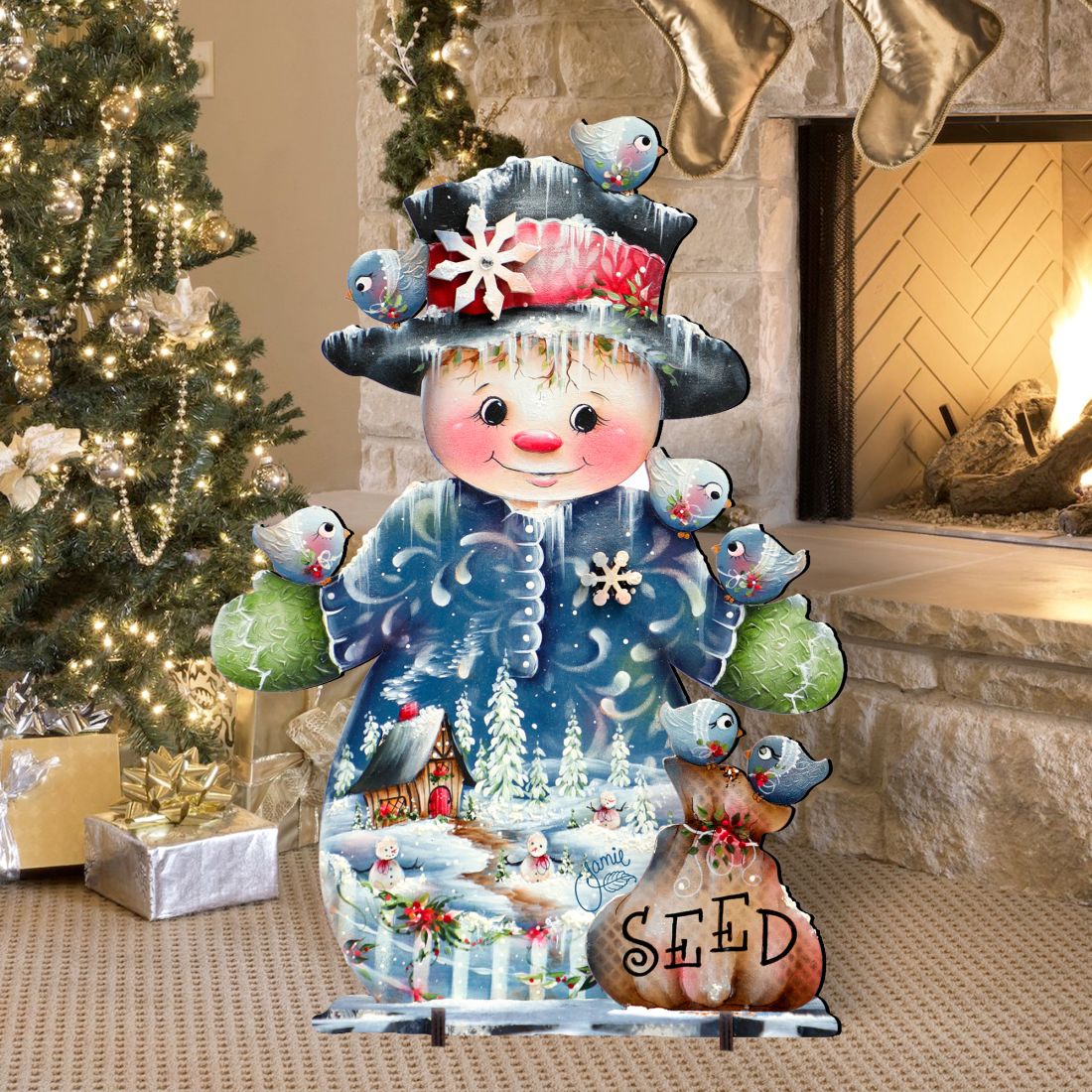 Christmas yard sign snowman decoration in blue with birds and 'SEED' at the base