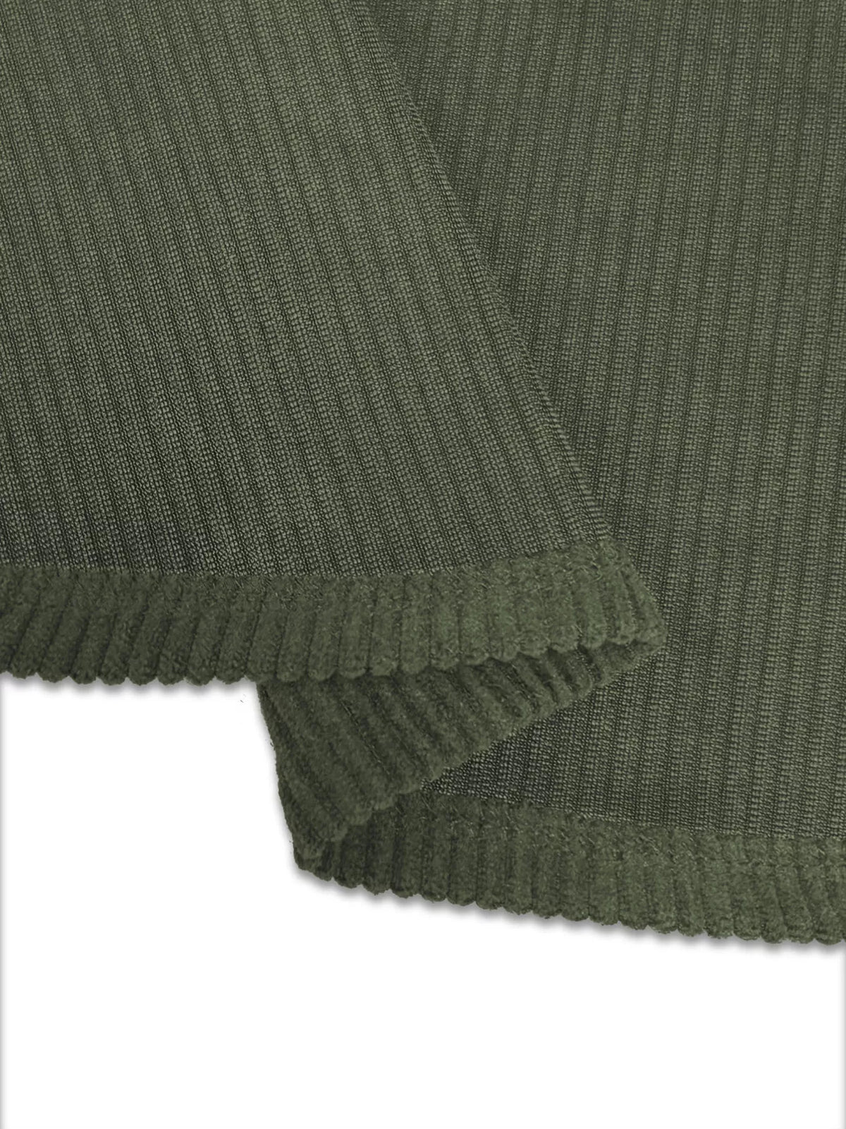 Army green corduroy jacket close-up of ribbed hem and stitching