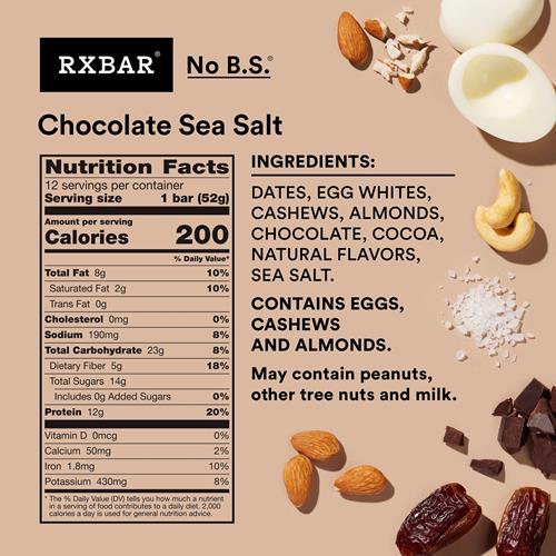 Chocolate Sea Salt protein bar nutrition facts and ingredients panel on RXBAR wrapper