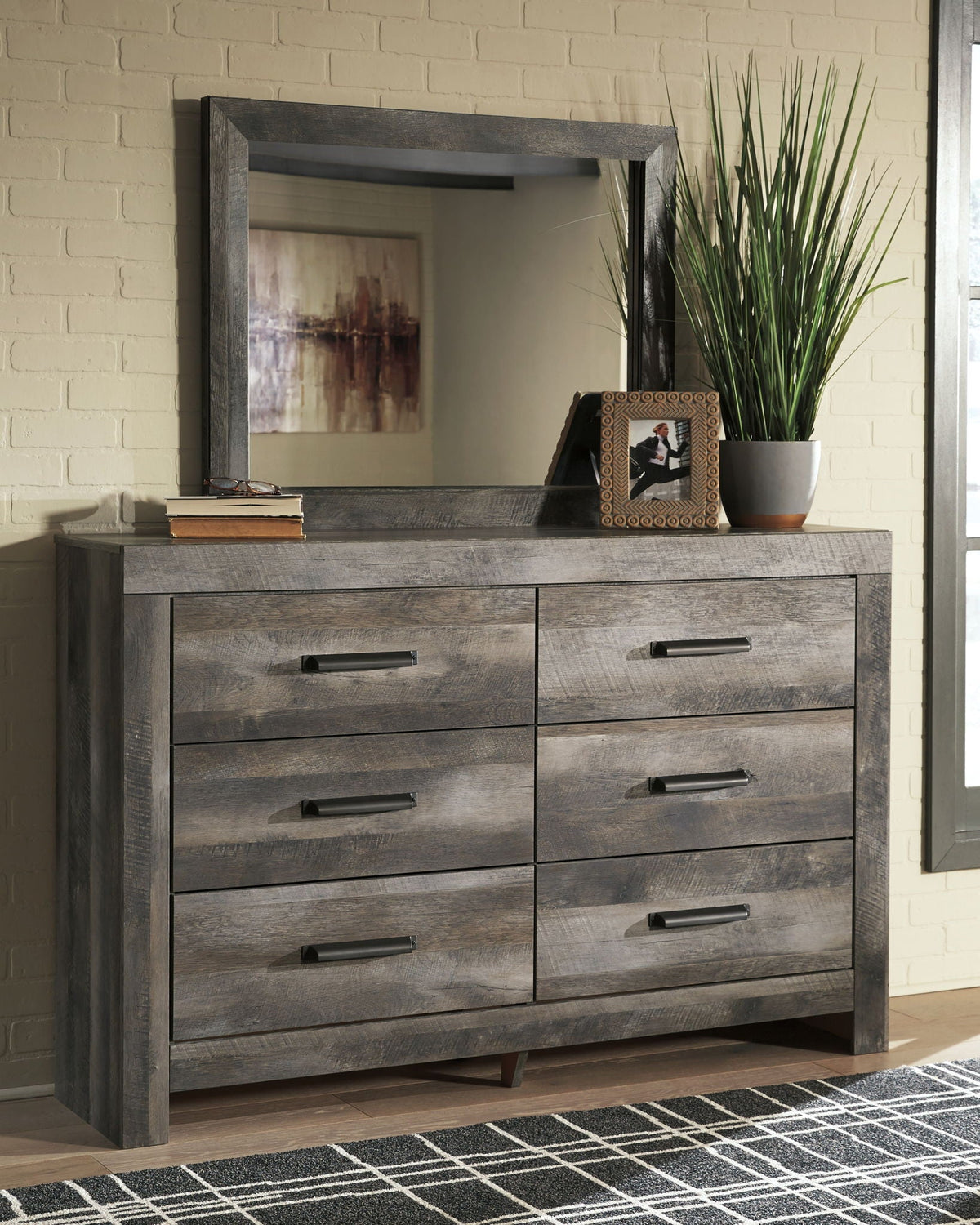 Gray wood dresser with rectangular mirror and six drawers