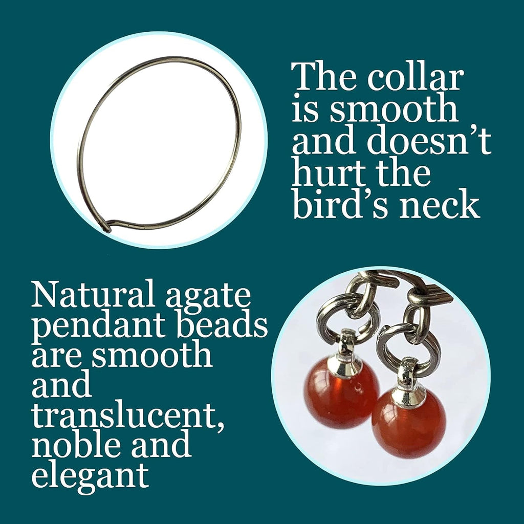 Open metal bird collar and close-up of red agate pendant beads