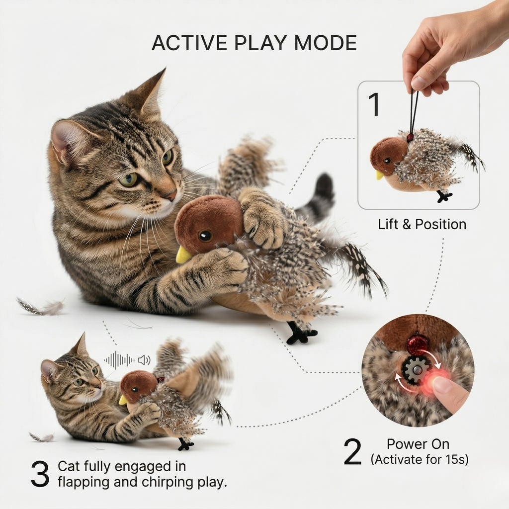 Sparrow-style interactive cat toy with plush feathers, activated during play
