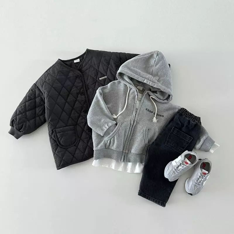 Baby cotton coat, black quilted diamond pattern with snap front and side pocket
