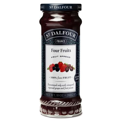 St. Dalfour Four Fruits fruit spread jar, dark red, front label, 10 oz