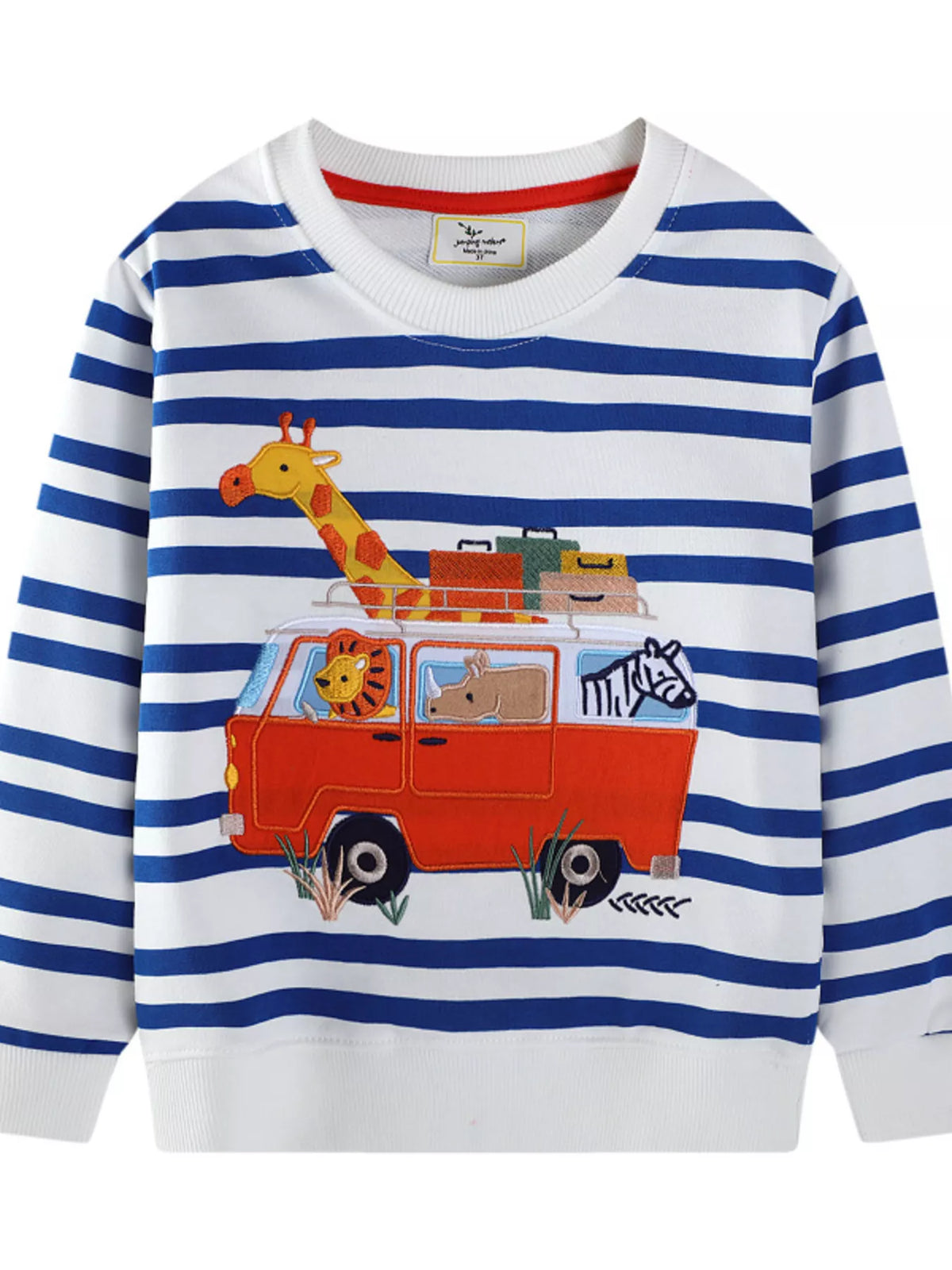 Kids striped sweatshirt with embroidered animal vehicle graphic