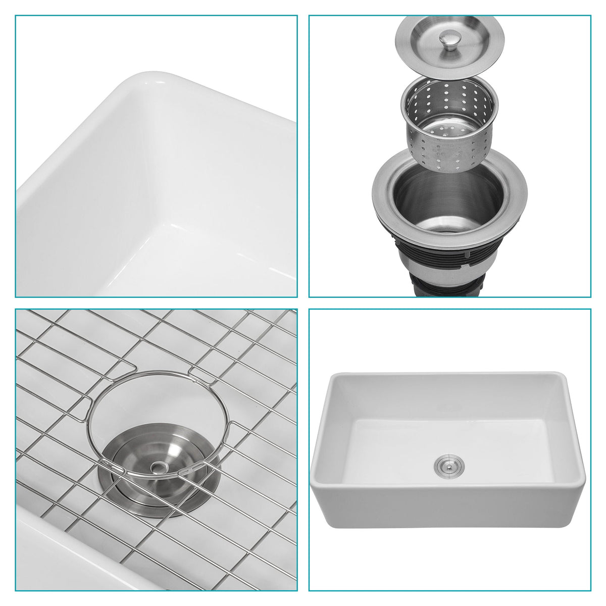 White ceramic single-bowl sink with deep basin, center drain, and bottom rack grid