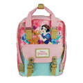 12-inch Snow White themed backpack with pink-and-teal front pocket and tan clip straps