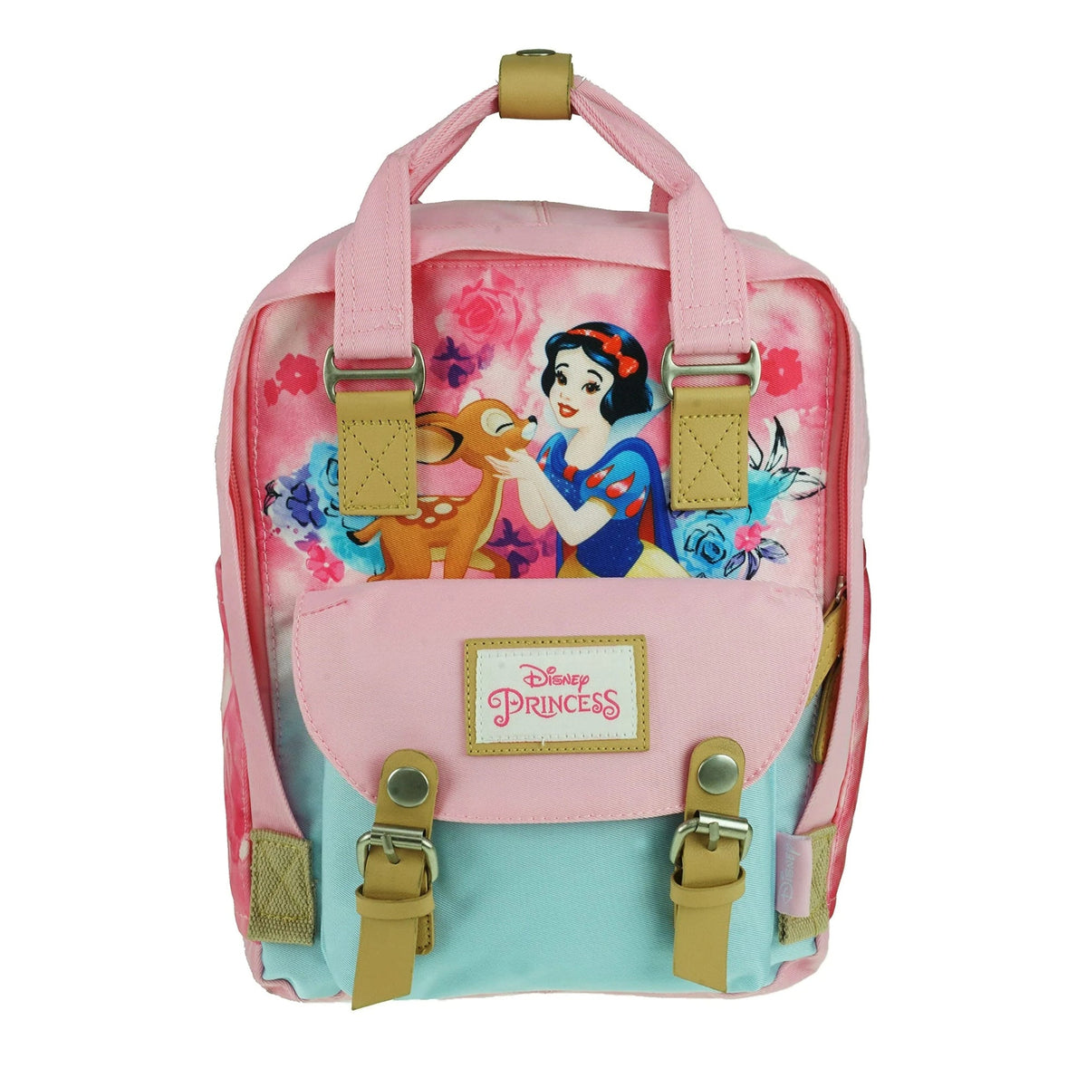 12-inch Snow White themed backpack with pink-and-teal front pocket and tan clip straps